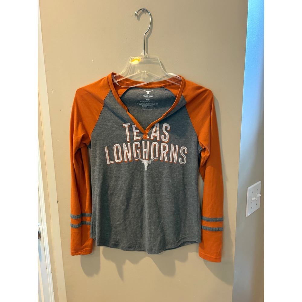 We Are Texas Longhorns Womens XS Raglan Long Sleeve Shirt Burnt Orange‎ Gray UT